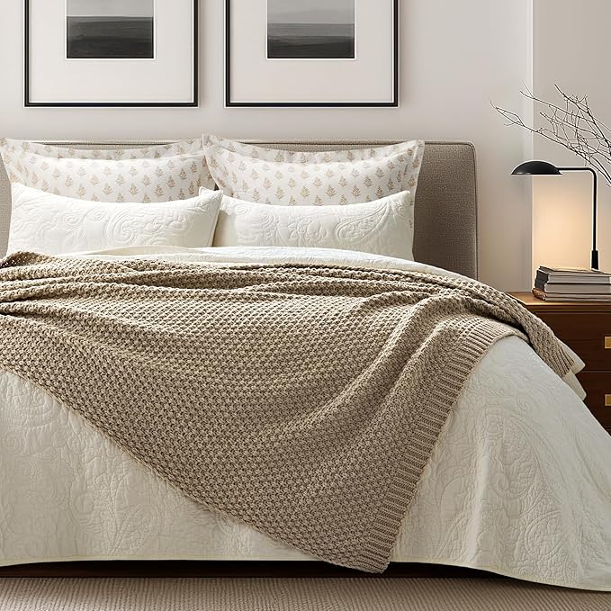 EVERGRACEHOME Chunky Chenille Knit Throw Blanket for Couch, Soft Luxurious Moss Stitch Blankets for Bed, Cozy Decorative Farmhouse Knitted Throws for Sofa, Sand Dune, 60" x 80"