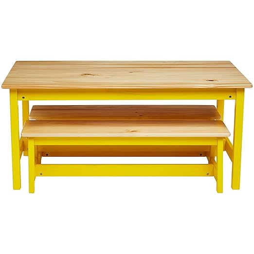 Amazon Basics Indoor Kids Table and Bench Set, Natural, solid pine wood, 3 Count (Pack of 1), Wood Activity Table for Art, Craft, Reading, Learning