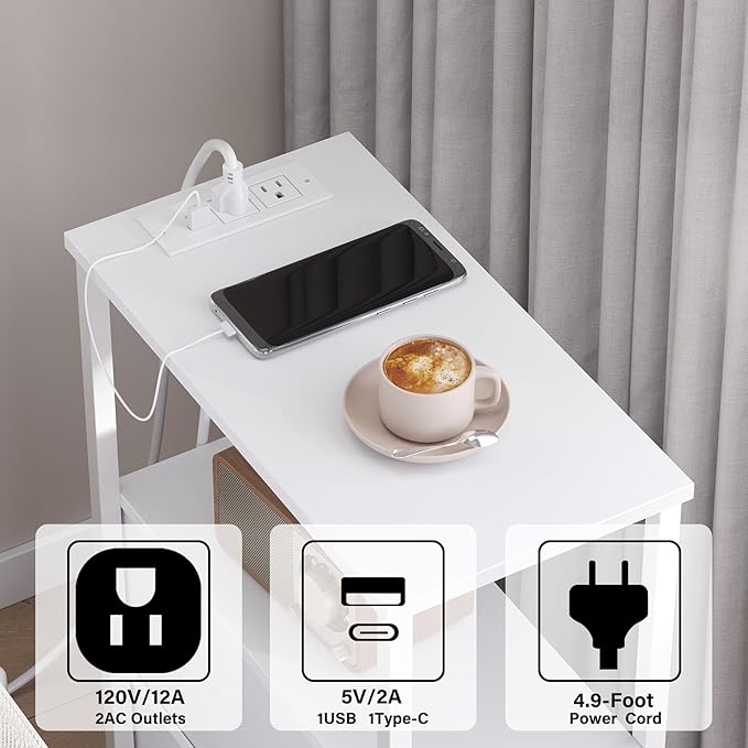 TUTOTAK Narrow LED Night Stand with Charging Station, Slim End Table with Plugins, Tall Side Table with 3 Fabric Drawer, Small Bedside Table with Storage, for Living Room, White TB01BW086L