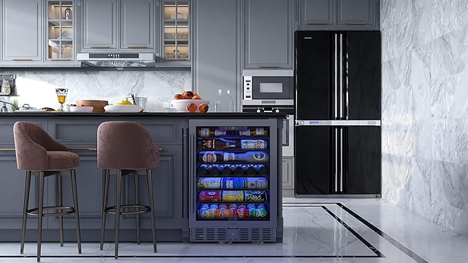 KoolMore 23.4” Inches Small Built-In Glass Door Refrigerator and Beverage Cooler for Soda Cans, 6 Wire Shelves, Adjustable Temperature Range [5.1 Cu. Ft.], 24" Inch (KM-BIR5C-GD)