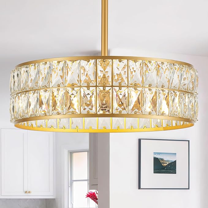 16” 4-Light Modern Crystal Chandeliers Gold Dinning Room Light Fixture, Round Pendant Light Kitchen Island Chandelier, Flush Mount Ceiling Light for Living Room Entryway Bedroom Foyer