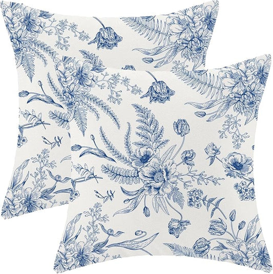 CXMEIFLY Spring Floral Leaves Pillow Covers 24 x 24 Inch Set of 2 for Chinoiserie Flowers Decor Throw Pillows Blue and White Seasonal Plant Outdoor Decorative Cushion Cases for Couch Bed Decorations