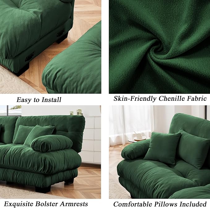 Modular Sectional Sofa, Comfy Cloud Couch 4 Seater Couch, Sectional Couches for Living Room, Modern Chenille Oversized Couches for Bedroom, Sleeper Deep Seat Sofa with Throw Pillows, Green