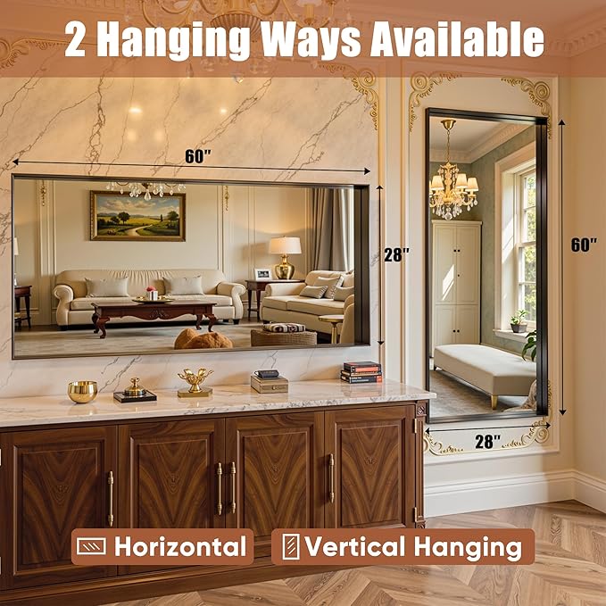60"x28" Black Framed Bathroom Mirror, Large Rectangular Vanity Mirror, Aluminum Metal Frame, Wall Farmhouse Modern Wall-Mounted Mirrors for Bathroom, Bedroom, Living Room, Over Sink
