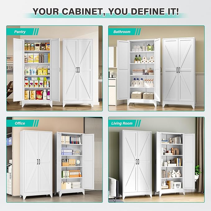 75" Tall Pantry Cabinet,Farmhouse Kitchen Pantry Storage Cabinets with 2 Doors and 5 Shelves,White Metal Storage Cabinet,Large Cupboard for Home,Kitchen,Dining/Living Room