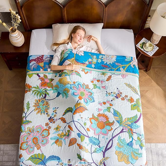 Summer Throw Blanket, 60"x80" Reversible Bohemian Flower Blanket, 100% Cotton Muslin Breathable Woven, Farmhouse Decorative Throw Blanket