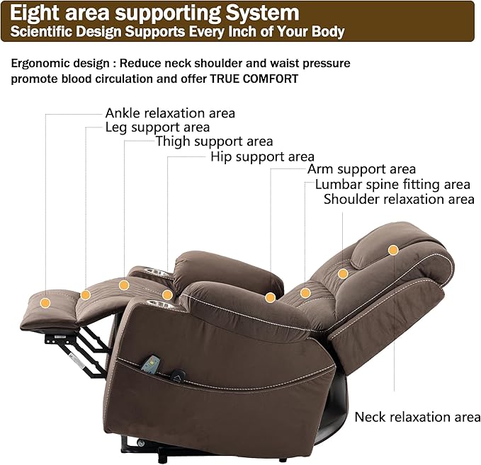 Power Lift Recliner Chair for Elderly with Massage and Heating, Ergonomic Electric Recliner Chair Single Sofa for Adults with Remote Control USB Port, Cup Holders, Side Pockets
