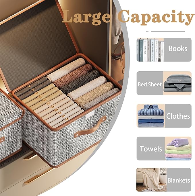 Tuza 4 Pack Storage Bins with Lids, Collapsible Closet Organizer Container, Fabric Organizer Box with Handles, Decorative Storage Boxes with Lids for Organizing Clothes, Blanket, Light Grey, Medium