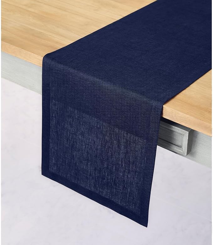 Solino Home Linen Navy Table Runner 60 Inches - 100% Pure Linen Short Table Runner 14 x 60 Inch Ideal for Dresser and Coffee Tables - Fall, Autumn, Thanksgiving - Fete