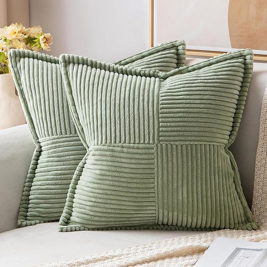 MIULEE Sage Green Corduroy Decorative Euro Sham Pillow Covers 24x24 Inch with Splicing Set of 2 Soft Boho Pillow Covers Broadside Textured Summer Pillowcases for Couch Bed Livingroom