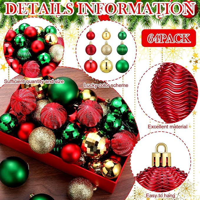 64 Pcs Christmas Ball Ornaments for Christmas Tree Glitter Red Gold Green Ball Ornament Hanging Christmas Decoration Assorted Size Christmas Ornament for Party Supplies, 1.6/1.97/2.4 Inch