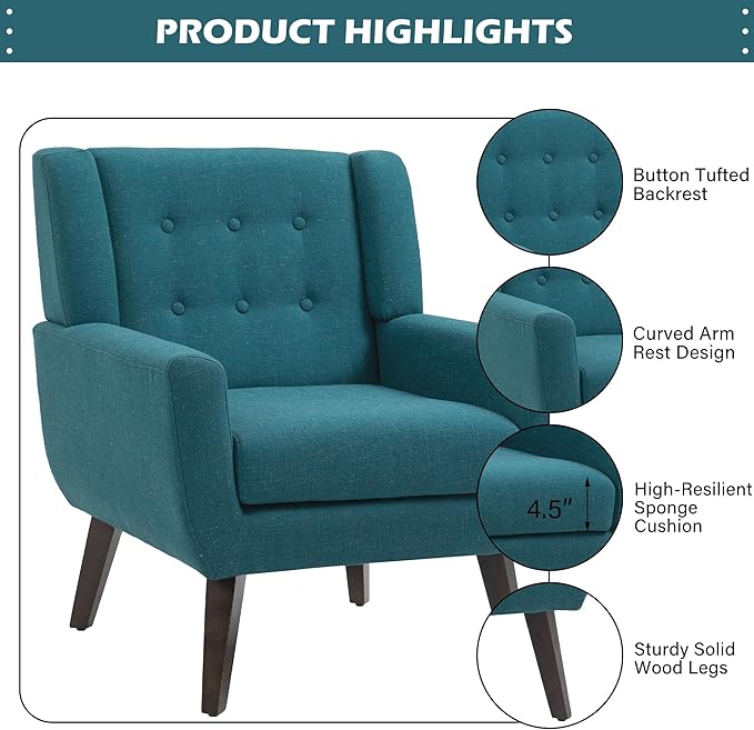 UIXE Accent Chair, Modern Upholstered Armchair in Fabric for Living Room, Comfy Club Arm Chairs Single Sofa Button Tufted Bedroom Reading Seat - Turquoise Blue, Set of 2