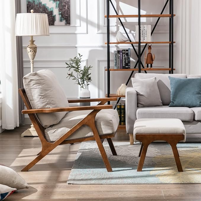 Wahson Set of 2 Mid Century Arm Chairs and Ottomans, Upholstered Accent Armchair with Wood Frame and Canvas Cushions, Leisure Slipper Chair for Living Room/Bedroom, Beige