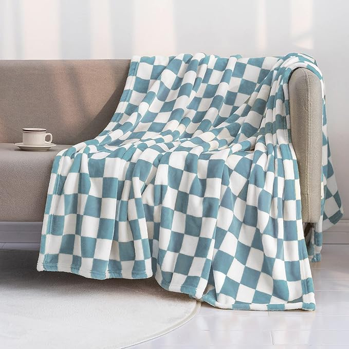 LOMAO Throw Blankets Flannel Blanket with Checkerboard Grid Pattern Soft Throw Blanket for Couch, Bed, Sofa Luxurious Warm and Cozy for All Seasons (Light Blue, 60"x80")
