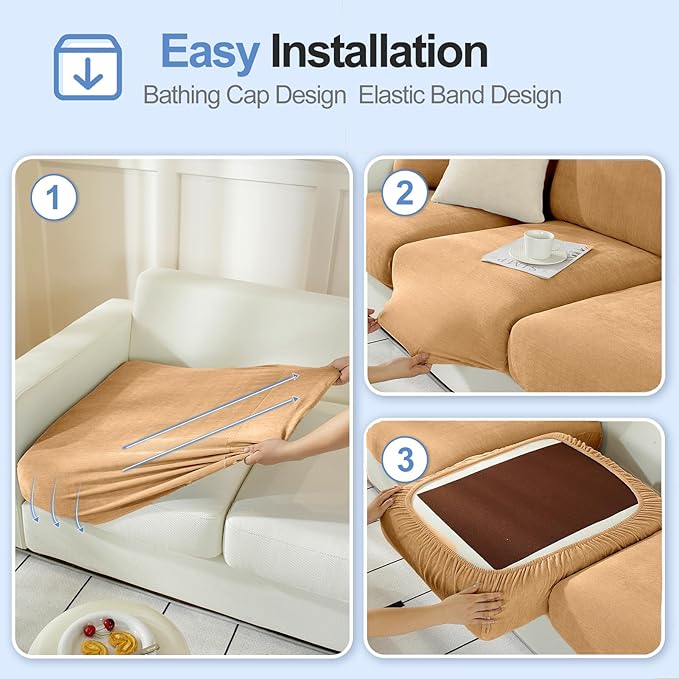 Large Backrest Cushion Covers Super Stretch Backrest Covers for 3 Cushion Couch Sofa, Couch Back Cushion Covers Featuring with Chenille Yarn (Softer Version, 3PC, Khaki)