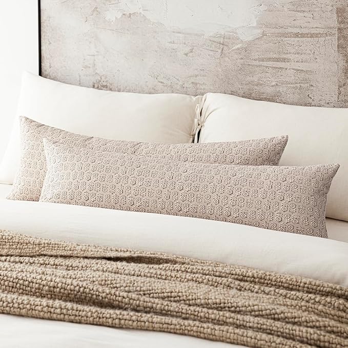 Foindtower Set of 2 Decorative Long Body Lumbar Throw Pillow Covers Vintage Accent Farmhouse Cushion Covers Neutral Home Decor for Sofa Couch Chair Bedroom Living Room,14×36 Inch,Ivory Beige