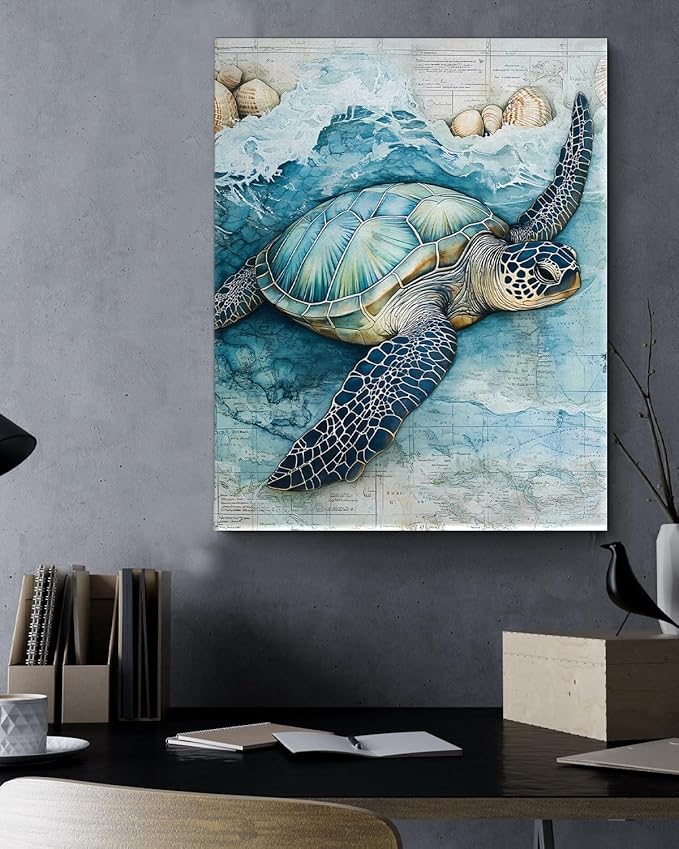 Coastal Sea Turtle Canvas Wall Art Turtle Nautical Ocean Theme Print Poster Framed Picture Painting for Home Beach House Bedroom Wall Decor 8x10 Inch