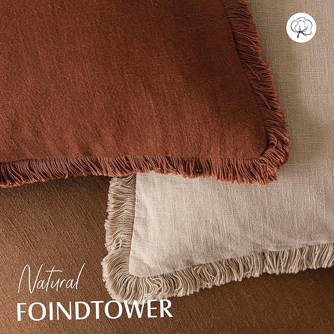 Foindtower Decorative Linen Fringe Throw Pillow Covers Cozy Boho Farmhouse Cushion Cover with Tassels Soft Accent Pillowcase for Chair Sofa Bed Living Room Home Decor, 22×22 Inch, 1PC,Orange Brown