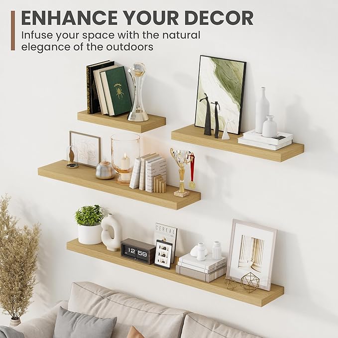 40 Inch Floating Shelves, 8 Inch Deep Floating Shelves for Wall, Hanging Shelf with Invisible Brackets, Deep Shelves for Bathroom, Bedroom, Living Room, Oak, Set of 2