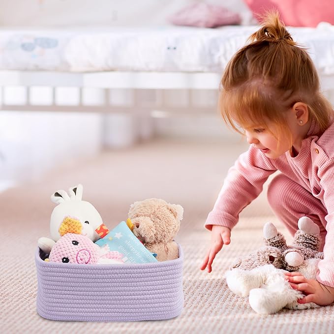 Small Woven Storage Baskets 12“X8”X5“ Decorative Rope Bins for Organizing Shelves, Closets, and Toys, Empty Gift Baskets, Cute Organizer Basket for Home and Office (purple, regular)