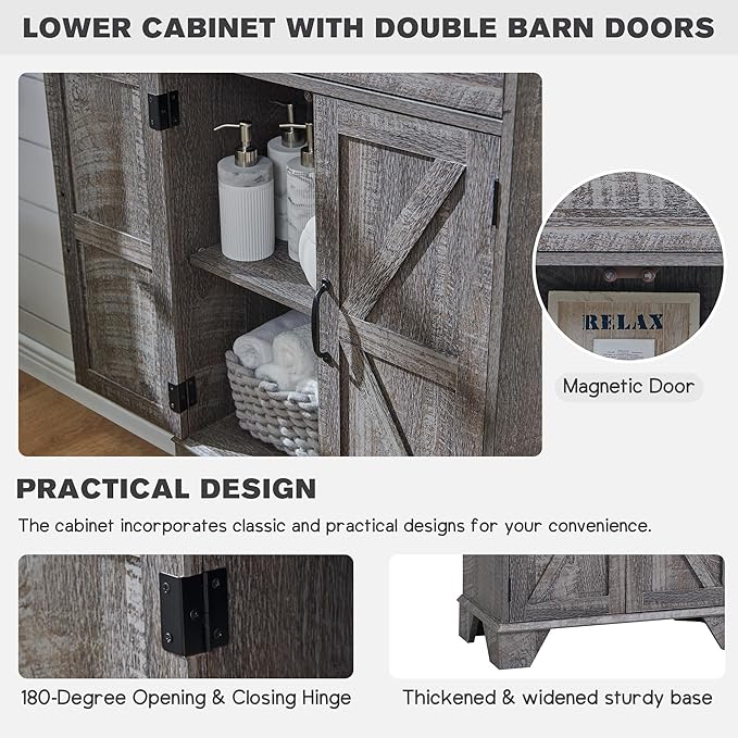 Bathroom Storage Cabinet, 72" Tall Farmhouse Storage Cabinet with 2 Drawers, Adjustable Shelves & Barn Door, Cabinet for Bathroom, Living Room, Kitchen, Grey Wash