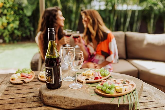 PICNIC TIME TOSCANA -Wine Appetizer Plates, Cocktail Plate with Glass Holder, Cheese Board with Wine Holder, (Acacia Wood), 9 x 6, Set of 4