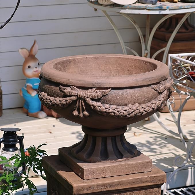 Vintage Garden Urn Planter with Pedestal, Cement and Fiber, Maked Bronze Color, Decorative Leaf Pattern, 30 Inch Height, Wrap Foam Safely Delivered from Local Warehouse (Bronze)