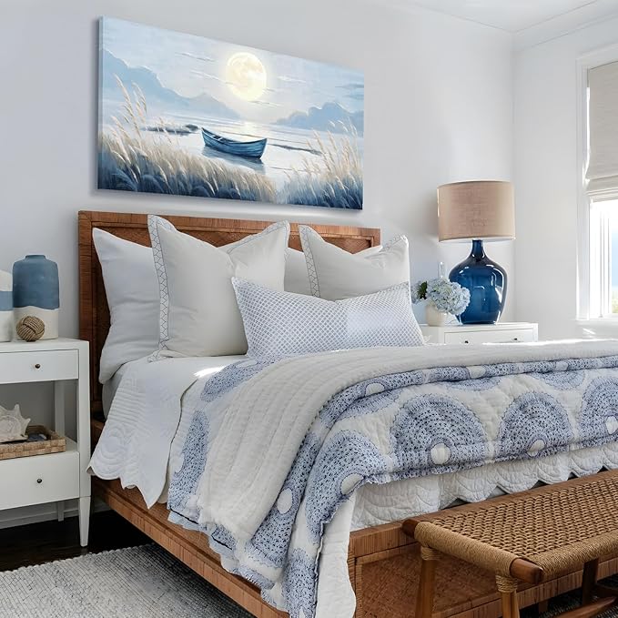 Large Wall Art for Living Room Bedroom Decor - Modern Nautical Beachy Ocean Beach Seascape Nature Artwork with Blue Boat Moon Lake Mountain Sea - Relaxing Serene Canvas Picture for Coastal Rustic Home