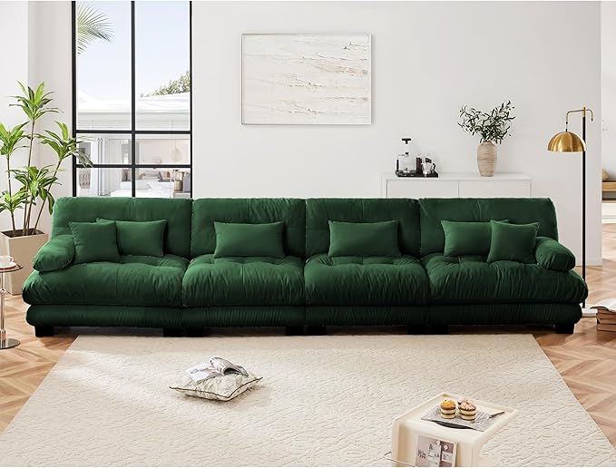 Modular Sectional Sofa, Comfy Cloud Couch 4 Seater Couch, Sectional Couches for Living Room, Modern Chenille Oversized Couches for Bedroom, Sleeper Deep Seat Sofa with Throw Pillows, Green