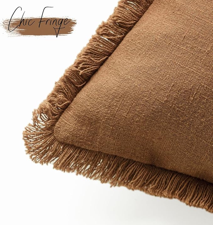 Foindtower Decorative Linen Fringe Throw Pillow Covers Cozy Boho Farmhouse Cushion Cover with Tassels Soft Accent Pillowcase for Chair Sofa Bed Living Room Home Decor, 22×22 Inch, 1PC,Orange Brown