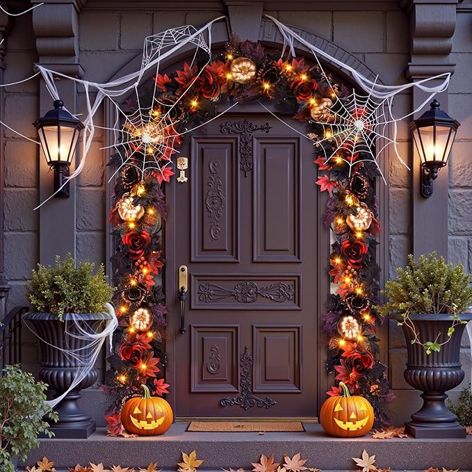 SHareconn 2 Pcs 6FT Halloween Garland with Purple Lights Battery Operated and Timer, Pre-Lit Black Red Maple Leaves Lighted Garland Decorations for Fireplace Mantle Centerpiece Indoor Outdoor Decor