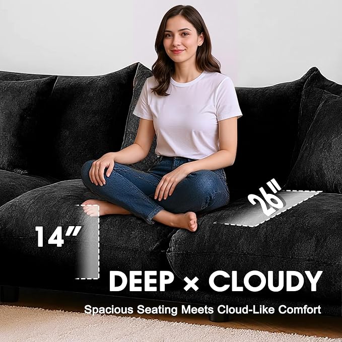 Modern Minimalist Chenille Modular Sectional Sofa, Oversized 8-Seater Sleeper Sofa with Movable Ottoman, Thick Cushions, Upholstered Couch for Living Room, Bedroom, Office, Apartment(Black,8-Seater)