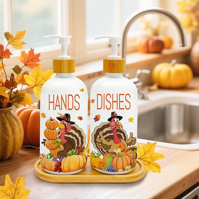 Hexagram Thanksgiving Decorations Indoor, Thanksgiving Kitchen Soap Dispenser Set of 2, Turkey Glass Soap Dispenser for Home Decor, Turkey Refillable Lotion Essential Oil Dispensers with Pump