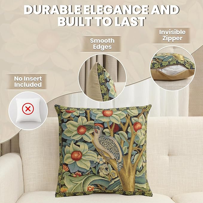 Charlotte Home Furnishings Throw Pillow Covers, Decorative Boho Pillow Covers for Couch, Living Room, Black Woodpecker Square Cushion Cases 18x18 in, European Cotton Jacquard Woven, Cozy Bedroom Decor