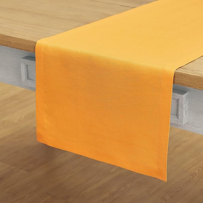 Solino Home Linen Tangerine Yellow Table Runner 120 Inches Long - 100% Pure Linen 14 x 120 Inch Table Runner - Fete