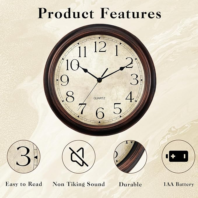Wall Clock Battery Operated Vintage Silent Non-Ticking Analog Wall Clocks 8.5 Inch Small Retro Clock Decorative for Kitchen Bathroom Bedroom Home Office (Bronze)