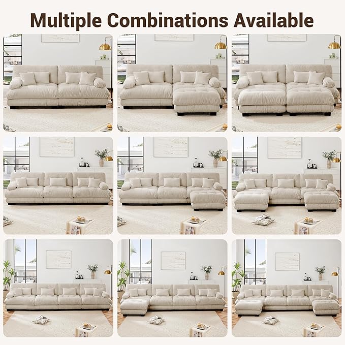 Modular Sectional Sofa Cloud Couch 3-Seater Deep Seat Sofa Couch, Oversized Couch Bed Sectional Couch with Round Bolster Armrests 5 Pillows, Modern Sofa Chair Comfy Couch