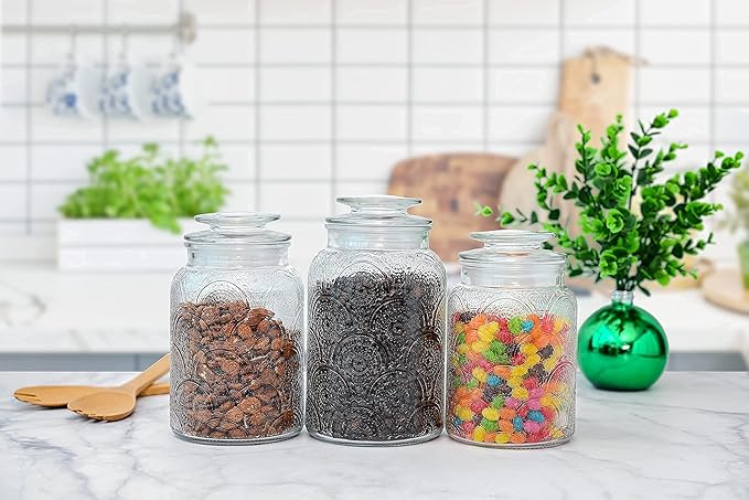 Le'raze Food Storage Containers with Airtight Lids - Retro Design - Pantry Organization, Glass Canisters Storage for Cookies, Tea, Sugar, Candy Jars, Sugar Packet, Set of 3