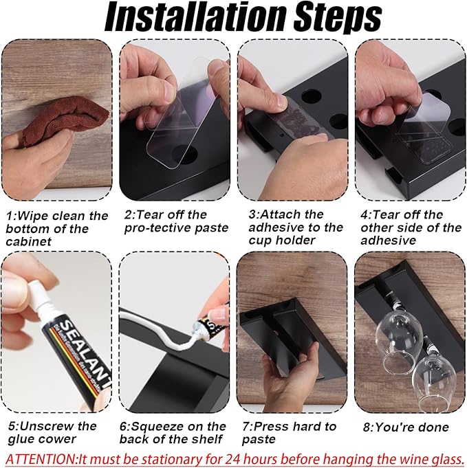 Wine Glass Holder Stemware Rack Hanger Under Cabinet or Counter for Bar,Kitchen and Restaurant Set of 4(black)