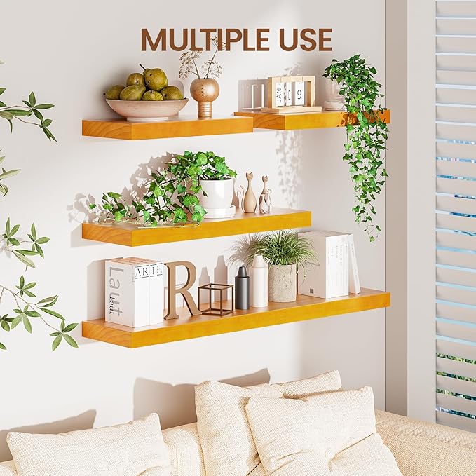 Honey Oak Brown Floating Wall Shelves 24 Inches Long x 8”x 1.4” Wooden Shelf Floating Rustic Farmhouse Decor, Heavy Duty Shelf Hold 60 lbs, Wall Shelves for Bathroom Living Room Kitchen Bedroom Office