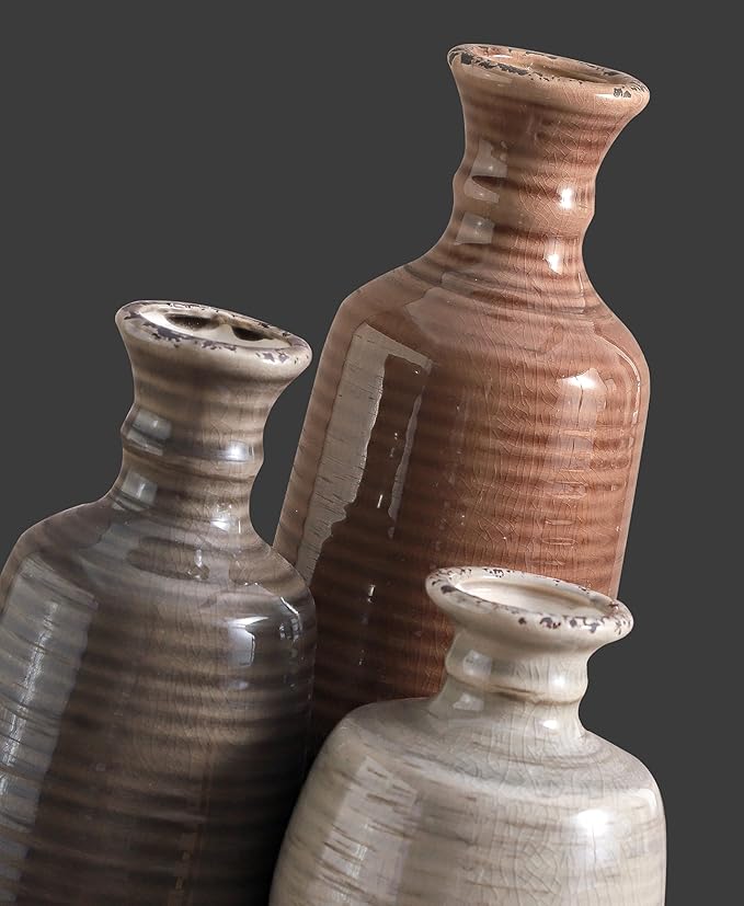 Ceramic Vases Set of 3, Neutral Rustic Farmhouse Vases Home Decor Decorative Flower Vase Modern Boho Pampass Vase for Table Mantel Entryway Shelf Living Room Kitchen Bathroom - Brown