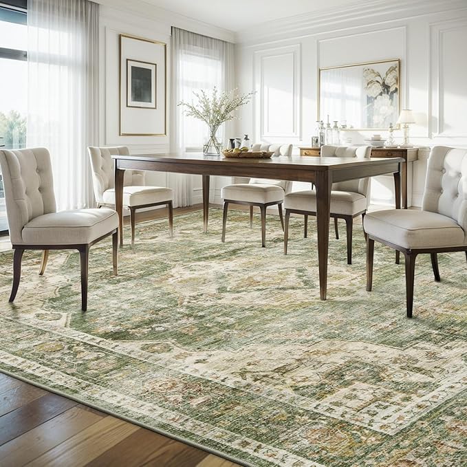 AMOAMI-4X6 Area Rugs for Living Room -Soft Vintage Bedroom Rugs-Non Slip Washable Rug-Throw for Living Room Bedroom Bedside Dining Room Office Green