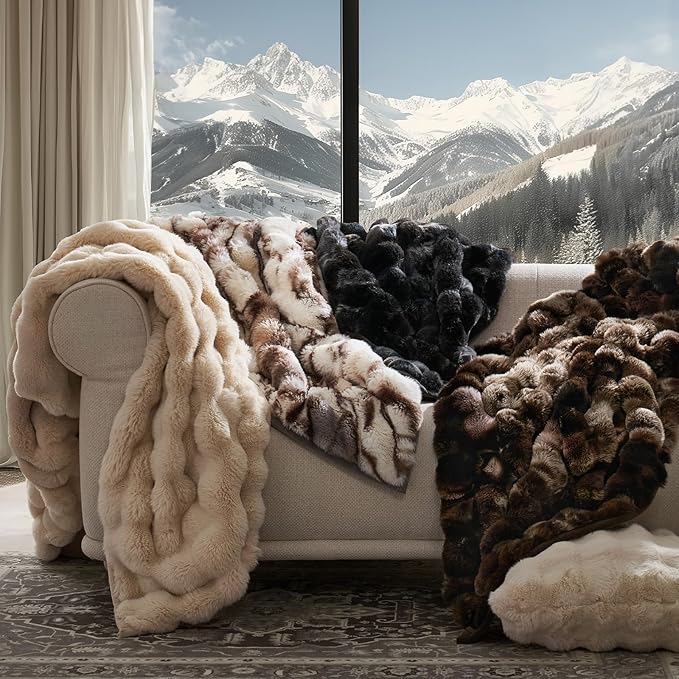 EVERGRACE Ultra Soft Luxury Fluffy Ridgeline Faux Rabbit Fur Throw Blanket, Thick Warm Bubble Throw for Bed, Cozy Plush Reversible Blankets for Couch, Chair, Sofa, Mocha Brown, 50x60 Inches, 870 GSM