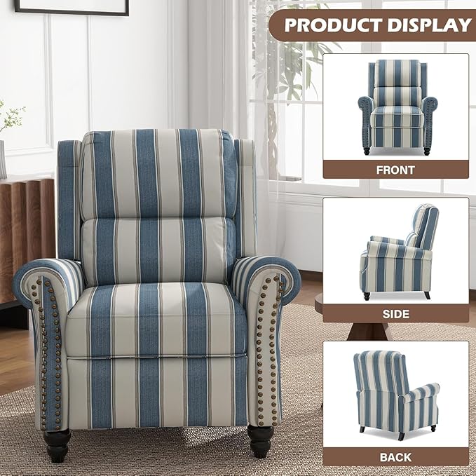 UIXE Pushback Recliner Chair Push Back Accent Chair, Fabric Overstuffed Armchair for Living Room, Rivet Trim Club Chair Home Theater Single Sofa Bedroom Reading Seat - Stripe Navy