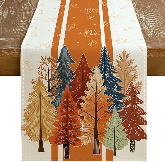GEEORY Fall Watercolor Tree & Maple Leaves Striped Table Runner 13x36 Inch, Rustic Farmhouse Autumn Thanksgiving Decor for Kitchen, Dining, Indoor/Outdoor Holiday Dinner Party Orange GT157-36