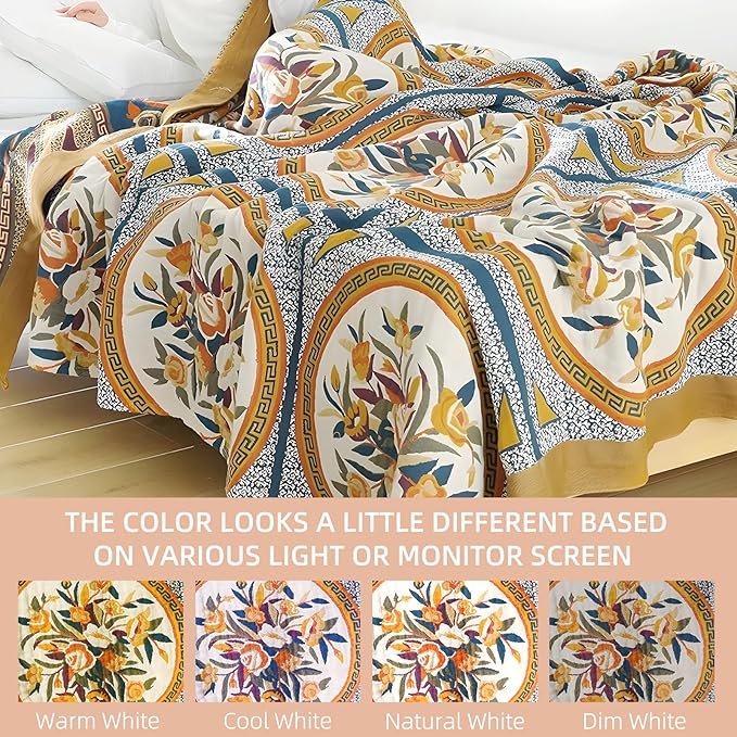 Boho Throw Blanket for Bed - 100% Pure Cotton Ultra Soft Rustic Quilt - Farmhouse Decor Bed Blankets, All Season Rustic Throw for Sofa Couch Chair(60"×80", Floral)