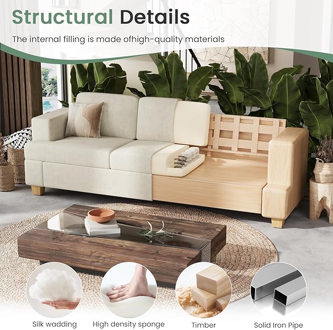 Sofa, 3 Piece Set Comfy Sofa, 2 Loveseat & 3 Seater Couch with Deep Seats for Living Room, Modern Sleeper Couch, Beige Chenille