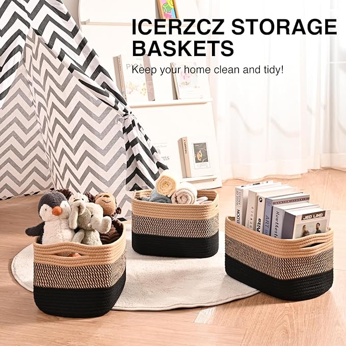 Storage Baskets for Shelves Organizing, Woven Cotton Rope Baskets for Storage, Book Basket, Towel Basket, 12.5"Lx9.1''Wx7.9''H (4 Packs) Gradient Black & Jute