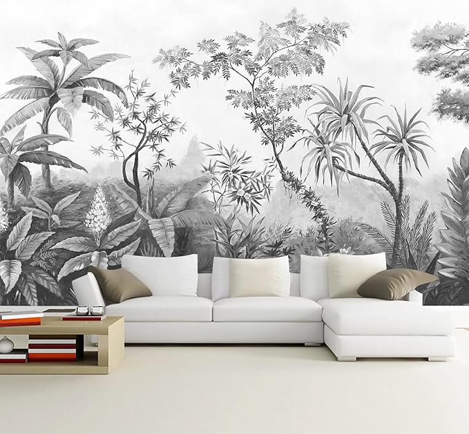 Gray Tropical Rainforest Botanical Wallpaper Bedroom Hand-Painted Oil Painting Jungle Plant Wall Mural Living Room (Not Peel and Stick)