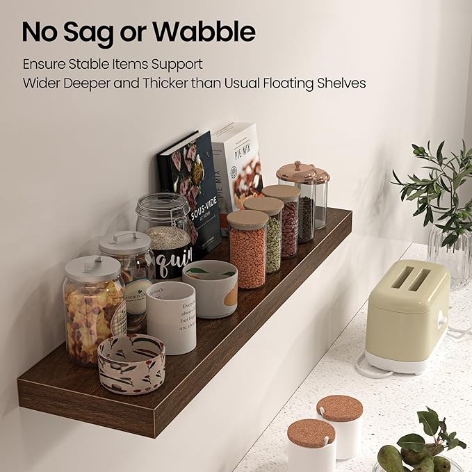 Floating Shelves for Wall, 24" W x 6.7" D x 1.5" H, Wooden Wall Mounted Display Shelves with Invisible Brackets for Living Room, Bedroom, Bathroom, Kitchen Decor and Storage, Set of 2, Walnut
